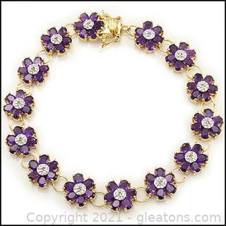 Gorgeous Womens 18K Yellow Gold Over Solid Sterling Silver 3.0 CTW Amethyst and Diamonds 7 Inch Designer Bracelet